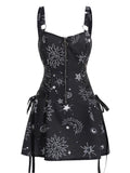 Getadme Sun Star Print Dress Half Zipper Lace Up High Waisted Strap A Line Mini Robe Fashion Casual Tank Playsuit For Women