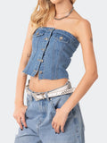 Women Denim Tube Tops Strapless Blue Casual Sexy Chic Slim Fit Button Down Bandeau Tops Corset Streetwear for Daily