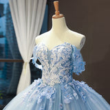 Getadme-Blue Quinceanera Dresses Off The Shoulder Princess Prom Dress Lace Appliques Ball Gown With Small Train Vestidos