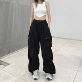 Getadme Women Y2K Cargo Pants Solid Low Waist Sweatpants Drawstring Wide Leg Baggy Trousers 2023 Summer Streetwear Punk Casual Tech Pant