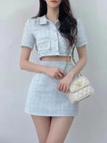 High Quality Elegant Fashion OL Skirt Suit 2023 New Summer Tweed 2 Piece Set Women Crop Top + Mini Skirt Set Two Piece Outfits