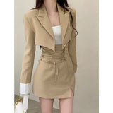 Getadme-2 Piece Dress Set Women Casual Y2k Crop Tops Elegant Jacket Coats + Mini Skirts Korean Fashion Suits Autumn Blazers Dress