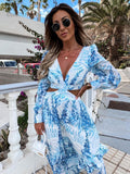 Sexy V-Neck Backless Hollow Out Dress 2023 Autumn Women Lantern Sleeve Club Party Long Maxi Dresses Tunic Beach Cover Up A939