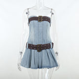 Getadme-Fairy Strapless Pleated Belt Denim Dress Retro Street Fashion Party Club Outfits Slim Short Dresses Y2K Clothes