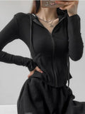 Getadme- Gothic Streetwear Zip Up Oversized T Shirts Women Vintage Sexy Solid Hooded Cardigan Long Sleeve Cropped Tops Tracksuit