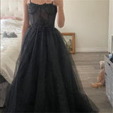 Getadme SuleaDress Black Glitter A Line Tulle Prom Spaghetti Straps Sweetheart Bones Side Slit Long Evening Gown