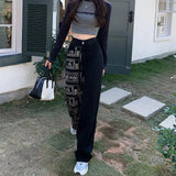 Getadme-Fashion Women High Waist Patchwork Letter Y2kvintage Denim Trousers  Street Style Print Punk Straight Wide Leg Baggy Jeans