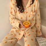 Kawaii Cotton Home Suit Korean Sleepwear Orange Print Pajamas Women Autumn Pijama Pyjamas Long Sleeve Pants 2Piece Set Nightwear