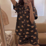 Pajama Sets Women's Summer Short-sleeved Shorts Cardigan Thin Section Loose Print Pocket Set Grid Casual Button Homewear Suit