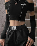 Goth Dark E-girl Style Patchwork Black T-shirts Gothic Open Shoulder Sleeve Y2k Crop Tops Ruffles Hem Hip Hop Techwear Women Tee