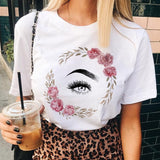 T Shirt Ladies Korean Fashion Summer Short Sleeve Cartoon Casual Female Clothes O-neck Tshirts Tops Eyelash Vintage Clothes