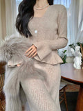 Winter Elegant Knitted Suits Women Casual Korean Fashion 2 Piece Dress Set Office Lady Y2k Clothing Cardigan Sweaters Chic