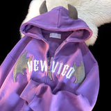 Getadme  American Retro Little Devil Horn Hoodies Y2k Women Letter Embroidery Zipper Hooded Sweatshirt Harajuku Casual Loose Jacket Coats