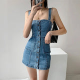 Summer Denim Short Dress Denim Slip Dress 2023 New Patchwork Design Korean Style Retro Short Skirt Over The Knee Mini Skirt