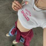 Y2K crop tops 2022 Aesthetic Cute Pink Letter Embroidery Baby Tees 2000s Vintage Ribbed O-Neck Harajuku Short Sleeve T-Shirt топ