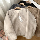 Getadme Lamb Fur Women Coats Autumn Winter Solid Thick Warm V-Neck Long-Sleeved Casual All Match Female Outwear Jackets