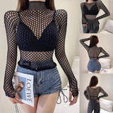 Sexy Gothic Black Fishnet Mesh See Through T-Shirt Women Skinny Goth Hollow Out Long Sleeve Shirts Crop Top Tee Shirt Streetwear