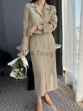 Getadme Winter Vintage Elegant Two Piece Set Women Pockets Jacket Coat+ Retro Midi Skirt Suit Female Korean Style Chic Designer Set