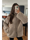 Getadme Elegant Solid Lamb Wool Warm Coat Women Fashion With Pocket Zipper Long Sleeves Jackets  Autumn Casual High Street Outwear