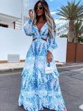 Sexy V-Neck Backless Hollow Out Dress 2023 Autumn Women Lantern Sleeve Club Party Long Maxi Dresses Tunic Beach Cover Up A939