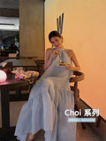 French Elegant Women's Summer Fashion 2023 New Sleeveless Strapless Bowknot Blue Long Skirt Kawaii Vest Prom Dress
