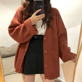 Getadme-Cardigan Women Full Sleeve V-neck Solid Button Knitwear Retro Lazy Students Korean Style Fashion All-match Simple Sweater Female