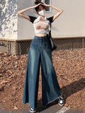 Getadme Loose Cotton Wide Leg Pants Women Spring Culottes with Raw Edges Full Length Vintage High Waist Casual Versatile Denim Jean