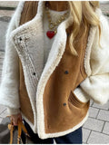 Retro Women's Plush Vest Gilet Sleeve Lamb Wool Blouson Village Waistcoat Jackets 2023 Winter O Neck Chic Cashmere Lady's Coat