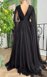 Getadme-Cathy Black Cape Floor Length Prom Dress Sexy Side Split Evening Gown Princess Tulle A-line Prom Dresses Vestidos De Fiesta