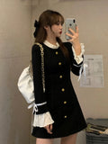 Korean Style Elegant Black Mini Corset Dress Women Vintage Ruffles One Piece Lace Up Long Sleeve Tunic Dresses Autumn