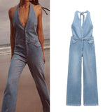 Getadme-Fashion Chic Summer Hanging Neck Cowboy Jumpsuits Women Imperial Sister Vintage Backless V-neck Female Casual Versatil Jeans New