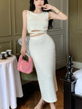 Korean Fashion Casual Knitted Two Piece Set Women Sexy Bandage Pullover Crop Top & Long Skirt Suits New Summer 2 Piece Outfits