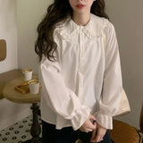 Gidyq Vintage Women White Shirt Preppy Style Fashion Elegant Female Long Sleeve Blouse Y2K Sweet Kawaii All Match Shirts