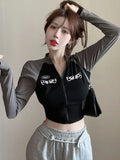 Punk Style Shirt Women Stitched Crop Top Zip Up Skinny Long Sleeve T-shirts Women Streetwear Casual Slim Fit Tee Y2k Top