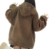 Getadme-Cute bear hat lamb wool hoodies brown loose sweatshirts fashion niche zippered cardigan thick winter coat kawaii women clothes