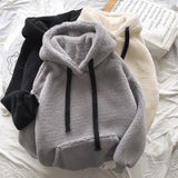 Lamb Wool Hoodies Women's Autumn Winter Korean Style Loose Hooded Sweatshirts Long Sleeve Pullover Patch Pocket Warm Jacket