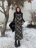 Getadme-Autumn Elegant Plaid  2 Piece Dress Set Women Outwear Casual Black Blouse + Vintage Slim Strap Dress Korean Fashion Suit