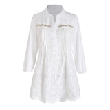 White Color Floral Embroidery Eyelet Blouse Long Sleeve Half Button Pintuck Tops Scallop Hem Grommet Tee For Back To School