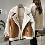 Getadme-Fashionable  Loose Wool Blend Fur Coat Women's Short Motorcycle Jacket Wool Coat Women