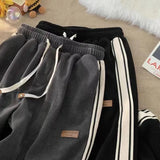 Getadme-Fall Striped Corduroy Sweatpants Women Winter Thick High Waist Drawstring Wide Leg Trousers Y2K Korean All-Match Straight Pants