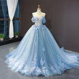 Getadme-Blue Quinceanera Dresses Off The Shoulder Princess Prom Dress Lace Appliques Ball Gown With Small Train Vestidos