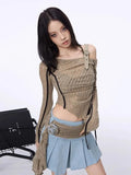 HOUZHOU 2000s Aesthetic Vintage T-shirts Women Grunge Y2k Streetwear Sexy Gyaru Long Sleeve Crop Asymmetrical Top Slash Neck Tee