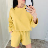 Getadme-spring and autumn new long-sleeved fashion sweater women's casual sports loose wide-leg shorts two-piece suit trend