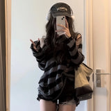 Getadme-Y2K Oversized Sweater Thin Striped Knitted Gothic Streetwear Grunge Aesthetic Slytherin Pullovers Punk Jumper Hole Tops E-girl