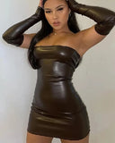 Getadme-Y2K Leather With Gloves Dress Women's Backless Sexy Low Cut Clubwear Skinny Evening Party Bodycon Mini Dresses Female