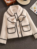 Getadme High Quality Women White Bow Mink Jacket Coat For Female Slim Patchwork Pocket Outerwear Ladies Wool Short Coat Winter Clothes