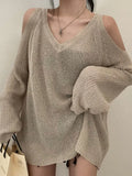 Getadme-High Street Knitted Sweater Women Korean Retro V-neck Off Shoulder Jumper Loose All-match Casual Sunscreen Elegant Tops