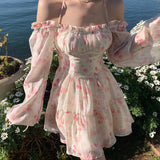 Getadme Summer Floral Dress Women Slash Neck Female Long Sleeve Fairy Dress Off Shoulder Pink A-line Elegant  Beach Short Dresses