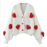 Getadme-Cute Strawberry Women Cardigan Sweater Winter Loose Fashion V Neck Hand 3D Knitting Ladies Jumper Casual Female Coats New