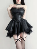 QWEEK Leather Sexy Black Dress Bandage Off Shoulder Hollow Out Lace Sexy Short Dresses Party Strapless 2023 Summer New In